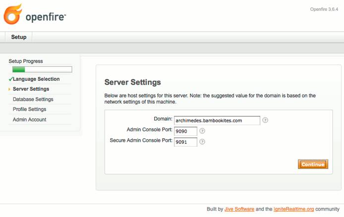 Domain and admin ports selection in Openfire setup on Ubuntu 10.04 (Lucid). Domain and admin ports selection in Openfire setup on Ubuntu 10.04 (Lucid).