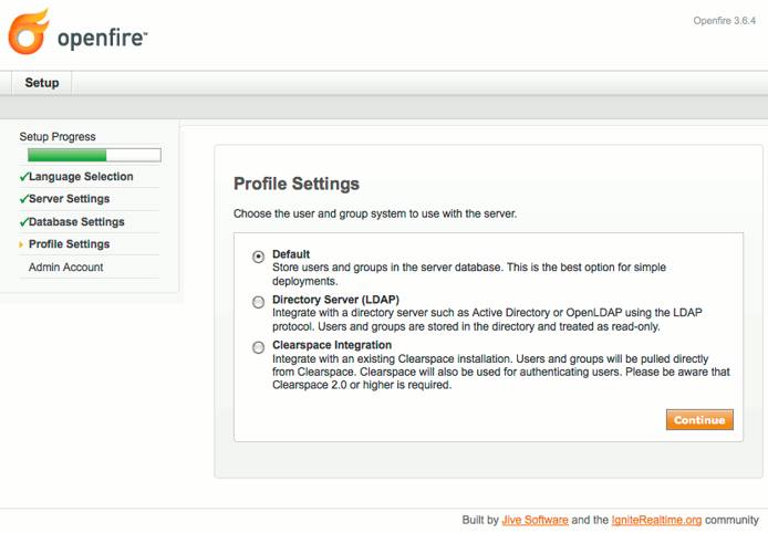 Profile storage selection in Openfire setup on Ubuntu 10.04 (Lucid). Profile storage selection in Openfire setup on Ubuntu 10.04 (Lucid).