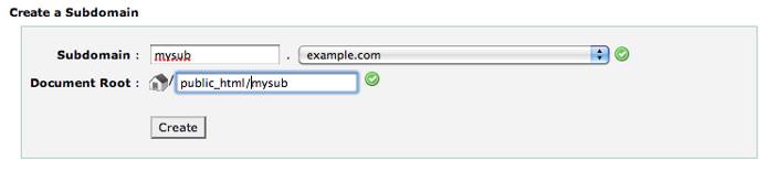 cPanel subdomain screen. cPanel subdomain screen.