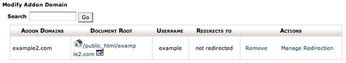 cPanel addon domain screen. cPanel addon domain screen.