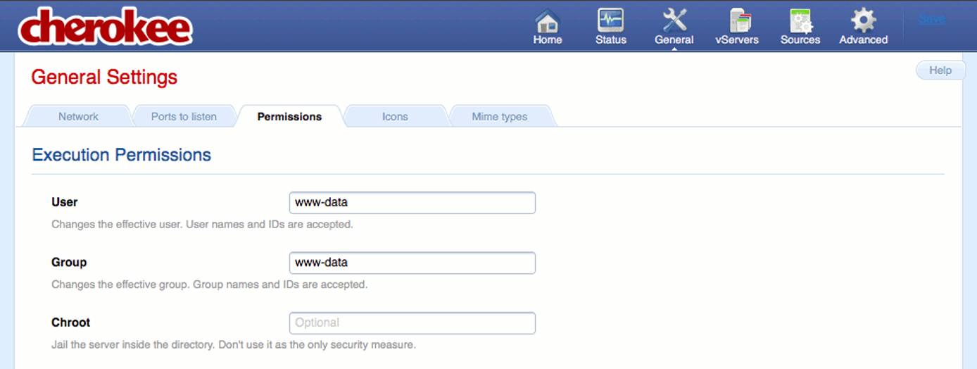 Permissions tab on the general page of the Cherokee admin panel on Fedora 13. Permissions tab on the general page of the Cherokee admin panel on Fedora 13.