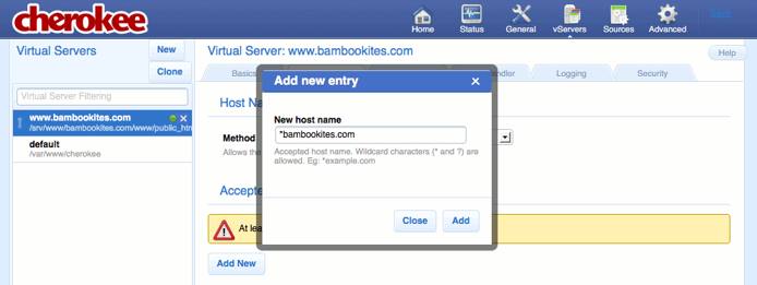 Specifying which host patterns should match inbound requests on the vServers page of the Cherokee admin panel on Fedora 13. Specifying which host patterns should match inbound requests on the vServers page of the Cherokee admin panel on Fedora 13.
