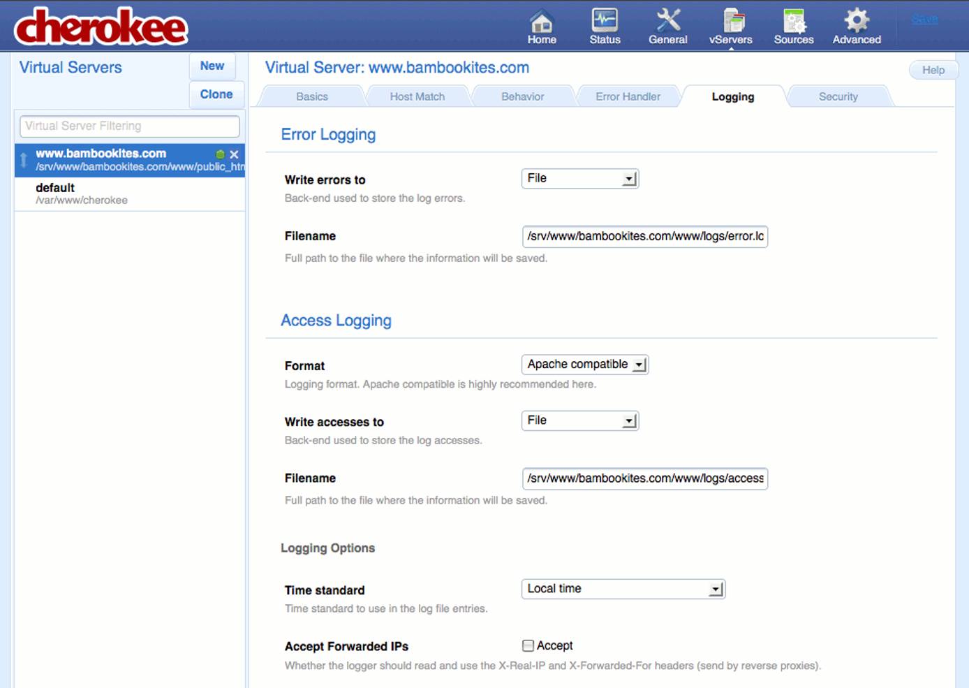 Specifying logging settings on the Logging tab of the vServers page of the Cherokee admin panel on Fedora 13. Specifying logging settings on the Logging tab of the vServers page of the Cherokee admin panel on Fedora 13.