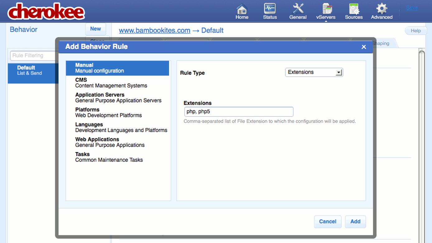 Creating a new extensions rule on the Behavior tab on the vServers page of the Cherokee admin panel on Fedora 13. Creating a new extensions rule on the Behavior tab on the vServers page of the Cherokee admin panel on Fedora 13.
