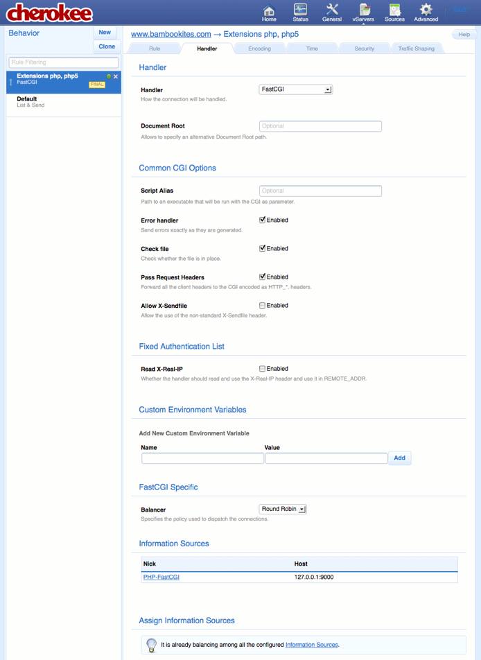 FastCGI settings for a new extensions rule on the Behavior tab on the vServers page of the Cherokee admin panel on Fedora 13. FastCGI settings for a new extensions rule on the Behavior tab on the vServers page of the Cherokee admin panel on Fedora 13.