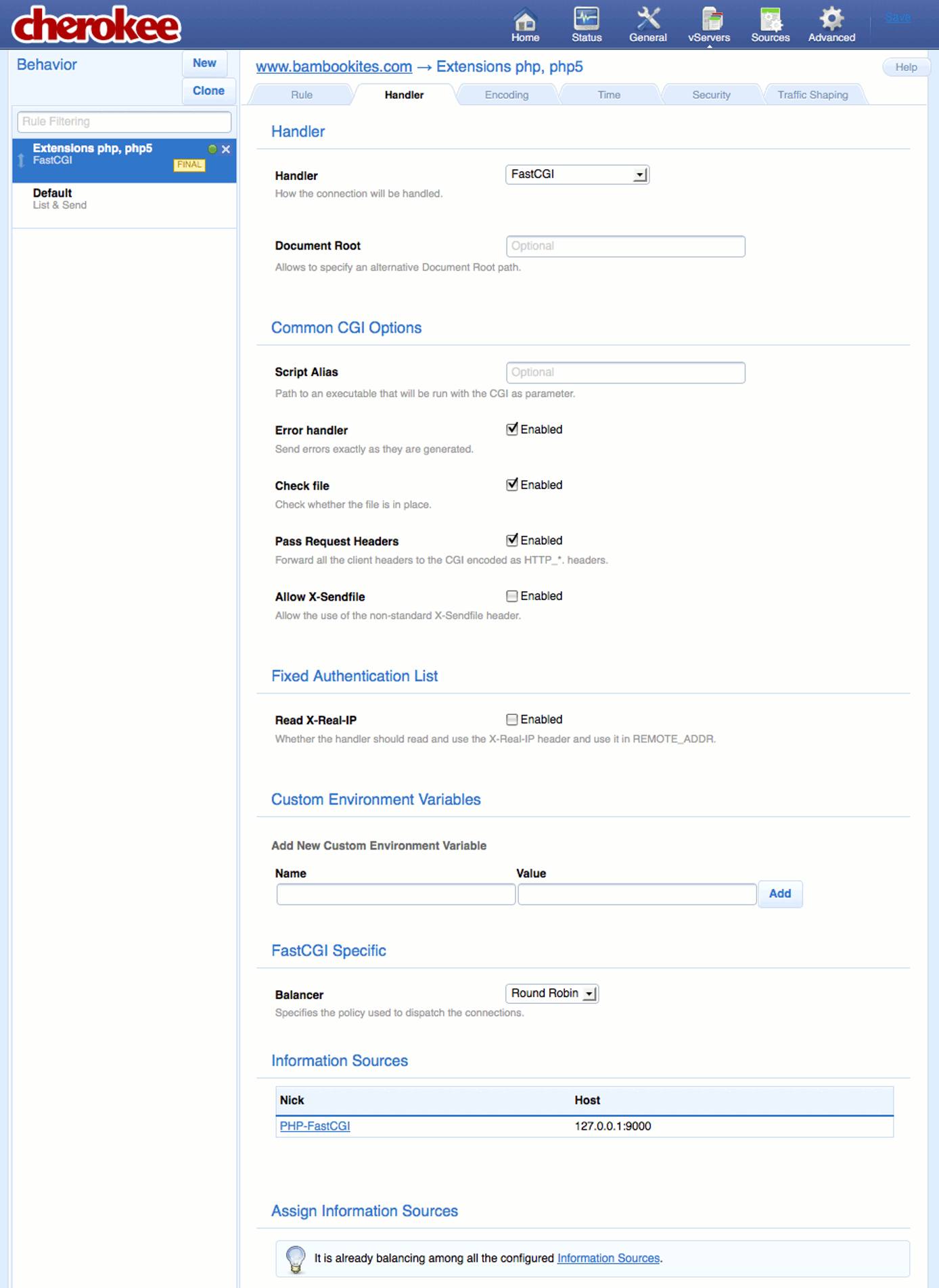 FastCGI settings for a new extensions rule on the Behavior tab on the vServers page of the Cherokee admin panel on Fedora 13. FastCGI settings for a new extensions rule on the Behavior tab on the vServers page of the Cherokee admin panel on Fedora 13.