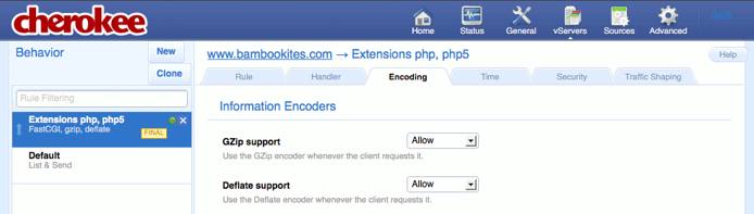 Enabling compression support for a new extensions rule on the Behavior tab on the vServers page of the Cherokee admin panel on Fedora 13. Enabling compression support for a new extensions rule on the Behavior tab on the vServers page of the Cherokee admin panel on Fedora 13.