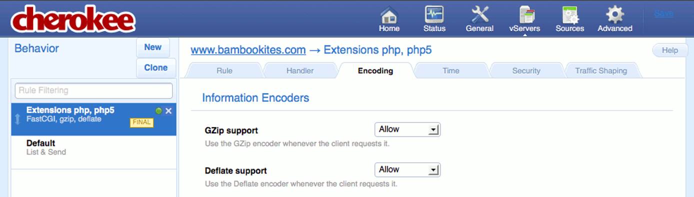 Enabling compression support for a new extensions rule on the Behavior tab on the vServers page of the Cherokee admin panel on Fedora 13. Enabling compression support for a new extensions rule on the Behavior tab on the vServers page of the Cherokee admin panel on Fedora 13.
